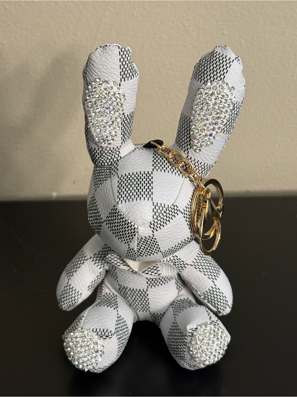 White Check Rabbit Bunny Figure Doll Keychain with Crystal Rhinestone Accents